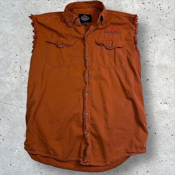 Sturgis 2010 Bike Week Sleeveless Button Shirt Size Large Eagle Graphic Orange - Picture 2 of 10